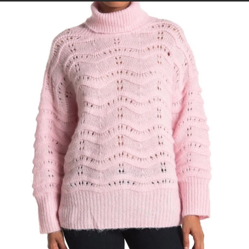 NWT FRNCH S/M Sweater Light Pink Turtleneck Oversized Open Knit Balloon Sleeve - Picture 2 of 8